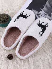 新款跨境女加厚圣诞系列拖鞋黑白驯鹿毛绒拖鞋小鹿家居拖鞋保暖情侣拖鞋 - 黑色 - 查看 3