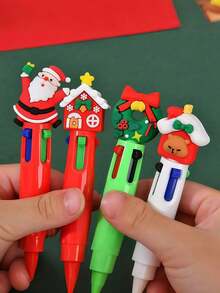 10pcs-Cute Christmas Multi-Color Ballpoint Pen, Blue, Red, Grass Green, Dark Grey, 4 Colors In One Pen, Cartoon Cute Fun Pen For Kids, Santa Snowman Writing Pen For Holiday Parties, School Supplies, Student Rewards. Multiple Styles - Multicolor - View 2