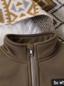 男童时尚休闲针织保暖背心，带拉链口袋，冬季款 - 軍綠色 - 查看 3