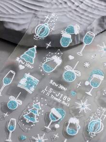 2 pezzi Adesivi per unghie decorativi natalizi e per Capodanno, con glitter blu, bicchiere di vino, cappello di Babbo Natale, palline di Natale, albero di Natale, decorazioni per unghie lucide e carine, adesivi per unghie fai-da-te, forniture per salone di manicure