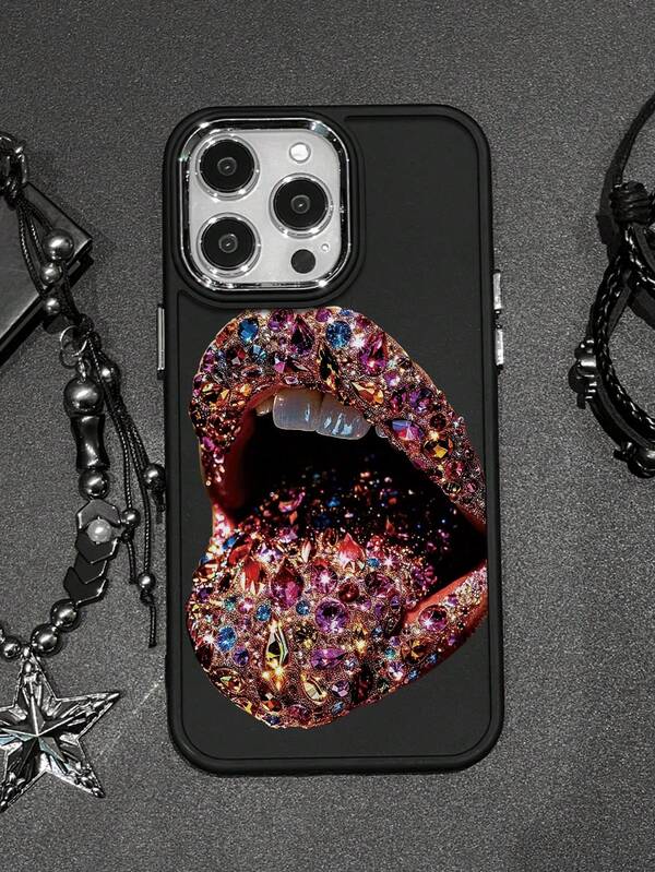 1 pieza Funda de teléfono a prueba de golpes con estampado de bloque de color, marco de metal con labios de cristal de color, estilo gótico oscuro, compatible con series Apple iPhone7/X/11/12/13/14/15/16/16PRO/16PROMAX