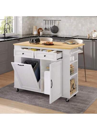 Kücheninsel Mit Rollen, Ausziehbarer Esstisch, Abfallbehälterfach Und tuchhalter, Mobile Servierwagen Steckdosenleisten, Ideal Für Küche Esszimmer (Weiß)