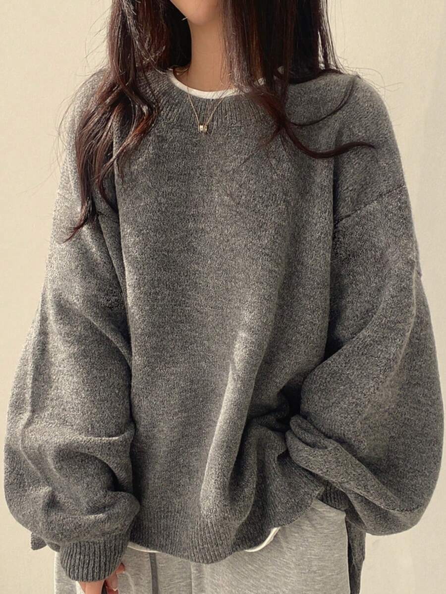 EAVA Fall/Winter Korean Style Minimalist Sweater Round Neck, Elegant Loose Fit Versatile Bell Sleeves Side Slit Pullover Knitwear For Women