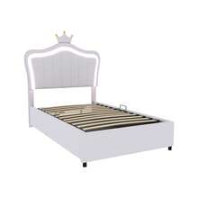 Upholstered Children's Bed 90x200 Cm, Crown Design, With LED Lighting, Hydraulic Storage Bed, Height-Adjustable Headboard, High Single Bed With Slatted Base, Imitation Leather, White - White - View 11