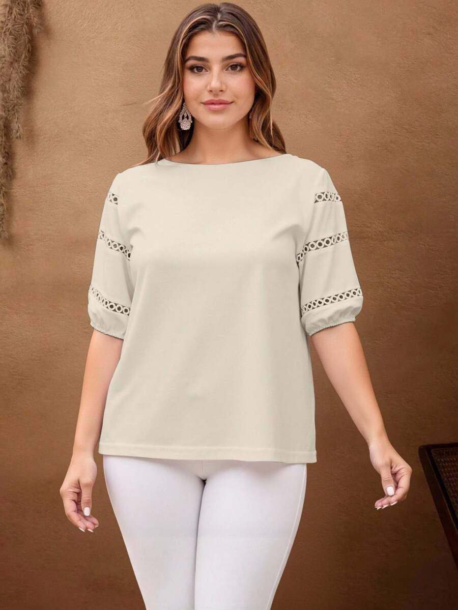 Women's Plus Size Blouse/ Guipure And Elastic Detail On The Sleeve - Beige - View 1