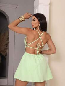 Vestido Feminino Macaquinho Alças Finas e Cruzada Plissado no Busto Drapeado na Cintura Primavera Verão - Verde Menta - Visão 4