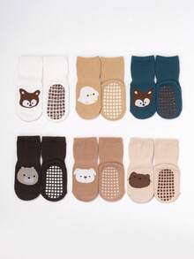 6pcs/Pack Toddler Cartoon Animal Print Anti-Slip Socks, Suitable For Spring & Autumn, Boys & Girls