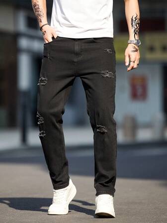 American Style Plus Size Distressed Jeans för stora och långa män, fashionabla Loose Fit jeansbyxor