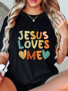 100% Cotton Casual Tshirt Groovy Jesus Loves Me Biblical Christian Church Retro T-Shirt Women's Men's Summer Vacation Soft Tee Relaxed Fit Classic Comfort Tops - Black - View 5