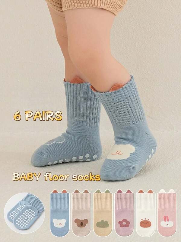 6 paires de chaussettes antidérapantes pour bébés garçons et filles en automne et en hiver, 6 couleurs peuvent être assorties à volonté sans répétition (jaune, rose foncé, bleu, rose clair, kaki et blanc), très adaptées pour les garçons et les filles de 0 à 3 ans à porter tous les jours, confortables et chaudes.