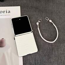 Luxury Classic Simple White Crocodile Texture Phone Case, Compatible With Samsung Galaxy Z Flip 7, Z Flip 6, Z Flip 5, Z, With Genuine Leather Lanyard - White - View 8