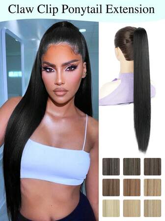 马尾接发，26英寸爪夹式马尾接发，长直发夹式接发，蓬松自然外观合成假发，适合女性日常使用