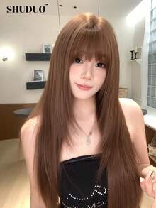 SHUDUO 1 Pezzo Parrucca dritta marrone in fibra sintetica resistente al calore, realizzata in fibre per uso quotidiano, parrucca naturale e realistica (Accessori non inclusi)