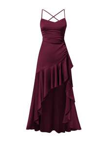 Vestido elegante de satén con cuello redondo, mangas acampanadas, cintura anudada y tubo recto para mujer, adecuado para citas, ir al trabajo y viajar - Burdeos - Ver 3