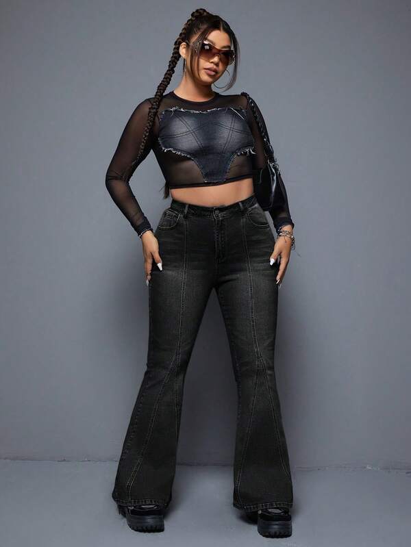 Pantalones vaqueros de campana de talla grande y estilo elegante en color negro con diseño de pierna acampanada