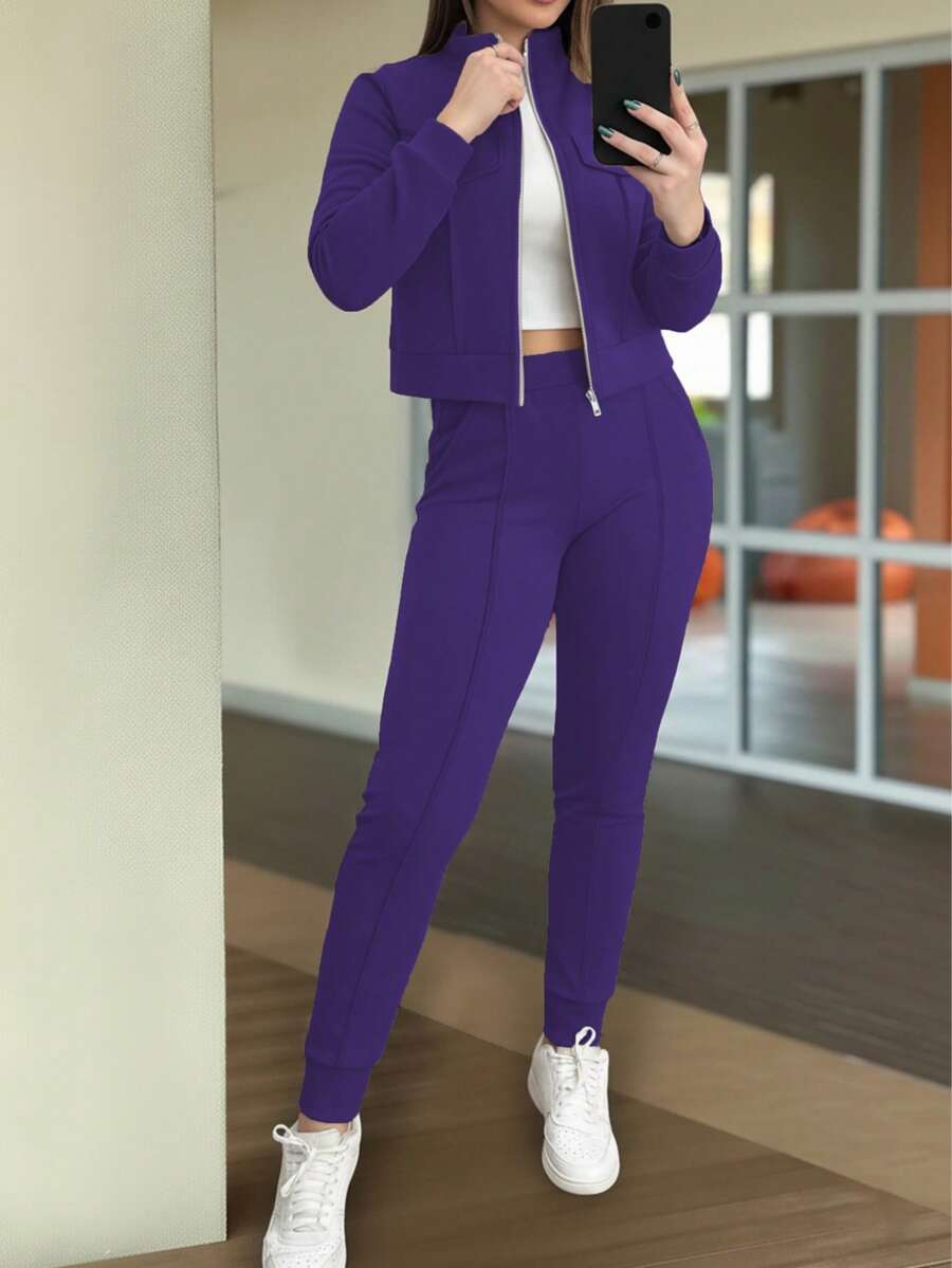 2 件套女士休闲纯色服装，拉链短款夹克上衣和松紧腰口袋紧身裤套装，适合春秋冬季 - 深紫色 - 查看 1