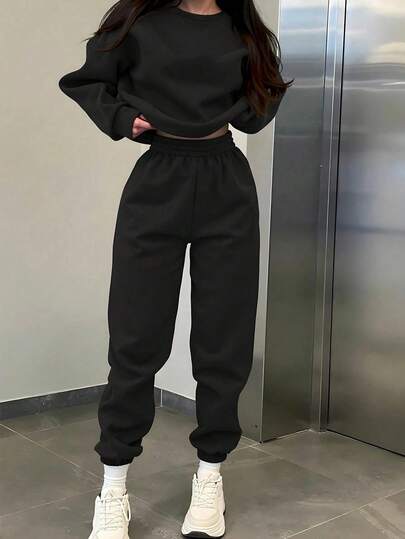 Set de 2 piezas de mujer con sudadera con capucha y pantalones de chándal de unicolor, para otoño/invierno