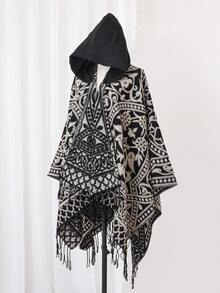 1pc Geometric Jacquard Knit Hooded Shawl, Everyday Wear - Multicolor - View 7