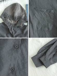 女式镂空钩针连帽长袖衬衫，宽松时尚休闲衬衫，轻薄，适合秋冬