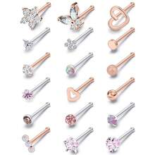 Surgical Steel Nose Ring 20G - Hypoallergenic Nose Studs With Cute Flat Opal Flower Diamond Heart - Straight L Shaped Purple, Pink, Black, Silver For Women Men Gift{"Color_name":"PinkstraightNoseRingsStuds20G"} - 粉紅直鼻環耳環20G - 查看 1