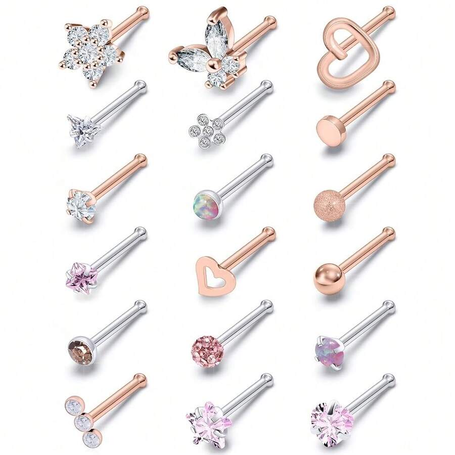 Surgical Steel Nose Ring 20G - Hypoallergenic Nose Studs With Cute Flat Opal Flower Diamond Heart - Straight L Shaped Purple, Pink, Black, Silver For Women Men Gift{"Color_name":"PinkstraightNoseRingsStuds20G"} - 粉紅直鼻環耳環20G - 查看 1