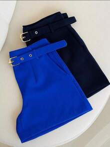 KIT 2 Women's Tailored Shorts With Covered Belt - Summer - đen-xanh hoàng gia - Xem 1