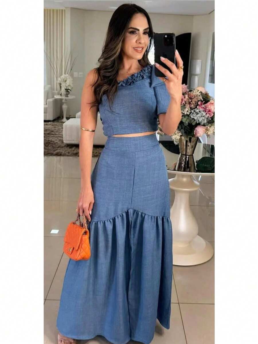 Women's Set Of Long Ruffled Skirt And Cropped Top - Blue - View 1