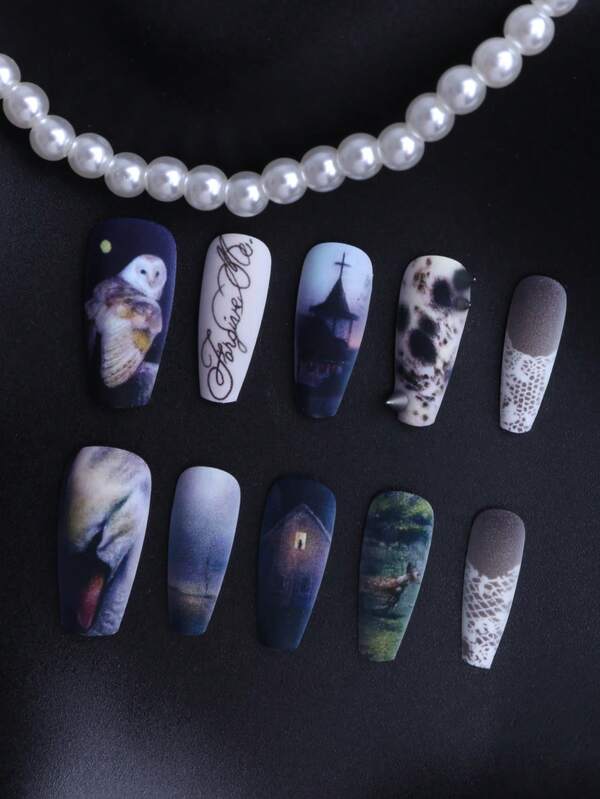 10 Pcs Of Medium T-Shaped Press On Acrylic Nails Gift Box, Blue And Purple Dark Series, High-End Matte Craft, Hand-Painted Owl, Church Beige Letters, Elk Forest, Black Nails Smudge Oil Painting, Three-Dimensional Silver And Black Rivets, Suitable For Parties And Student Gatherings, False Nails With Jelly Glue 1 Piece And 1 File