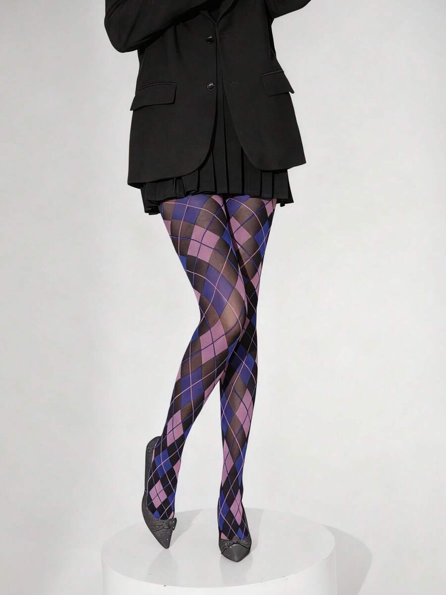 格子、花卉、条纹蓝粉丝绒连裤袜，菱形图案尼龙紧身裤，卡通格子紧身裤，高弹透气舒适塑形瑜伽紧身裤，女士款，舒适保暖 - 粉色 - 查看 1