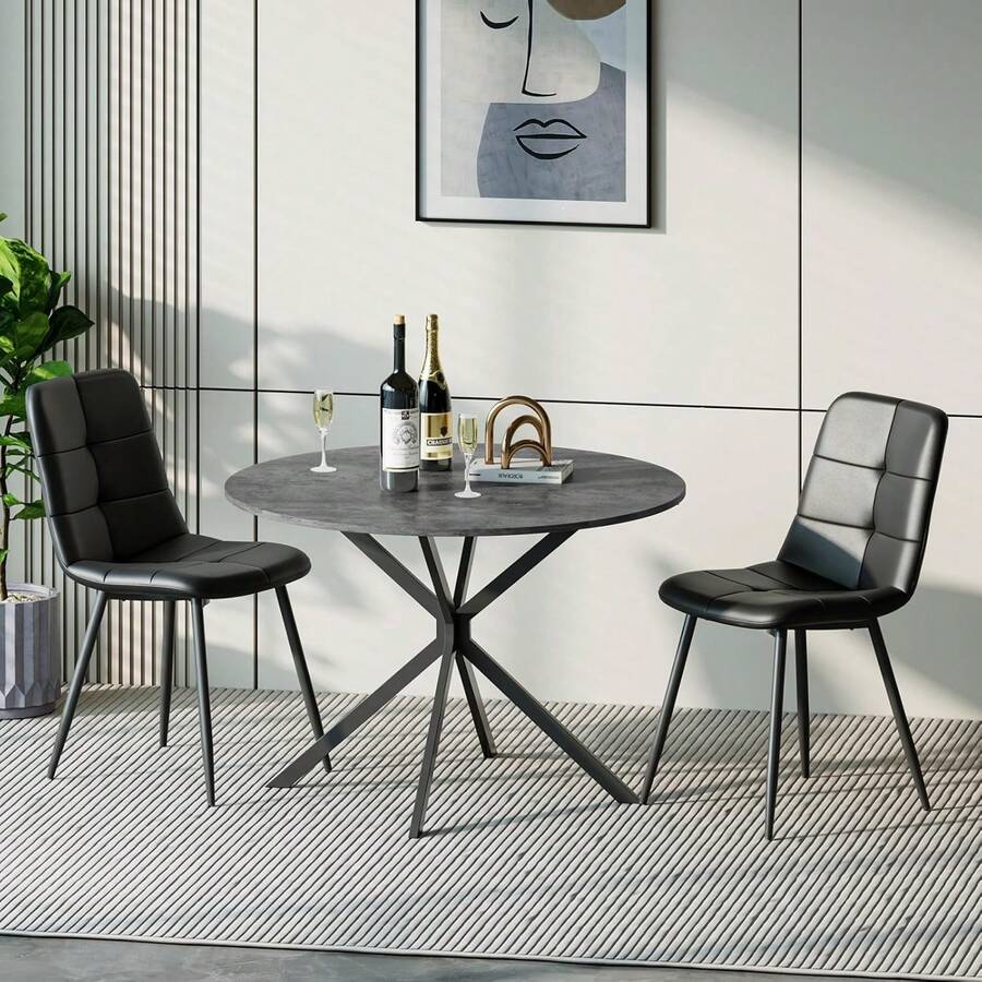 Dining Table And Chairs Set Of 2, Folding Round Dining Table With 2 PU Leather Chairs For Dining Room,Kitchen,Living Room - Gray Table + 2PU Black Chairs - View 1