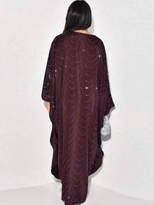 Middle East 2026 Spring/Summer New Women's Fashion Loose Rhinestone Abaya Cardigan Long Robe - Deep Red - View 4