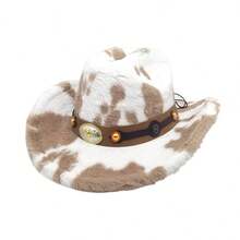 Fuzzy Cow Print Hat For Men Women Wide Brim Hat Cowgirl Western Cap For Fall Winter - 卡其色 - 查看 6