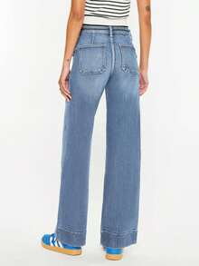 Women Wide Leg Jeans Tummy Control Mid-High Waisted Straight Stretchy Denim Pants With Pockets - 淺藍色 - 查看 4