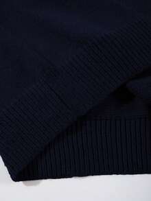 Men's Casual Loose Solid Color Ribbed English Letter Knitted Zip-Up Half-Turtleneck Cardigan Sweater, Versatile For Commuting, Autumn/Winter - Navy Blue - View 8