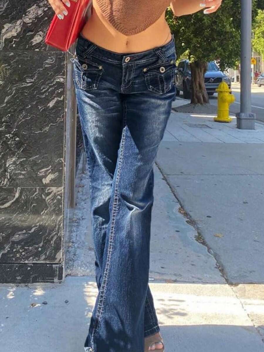 Women Stretchy Bootcut Flared Jeans Mid Waist 2026 Spring Jeans Bell Bottom Denim Pants - Blue - View 1