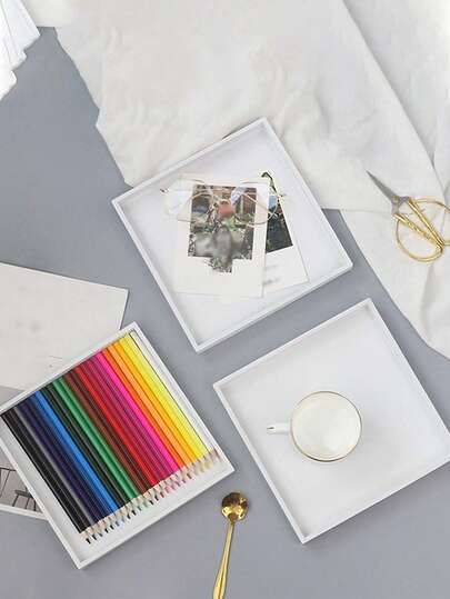 1 صينية خشبية مربعة بيضاء، صندوق تخزين متعدد الأغراض للمكتب، صندوق خشبي لتنظيم سطح المكتب