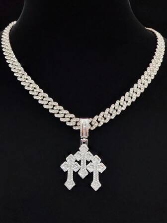 1pc Cubic Zirconia Cross Pendant & 1pc 9mm Cuban Chain Necklace, Unisex Hip Hop Punk Pendant Necklace, Fashionable Vintage Jewelry, Suitable For Daily Wear Or Party, Gift For Valentine
