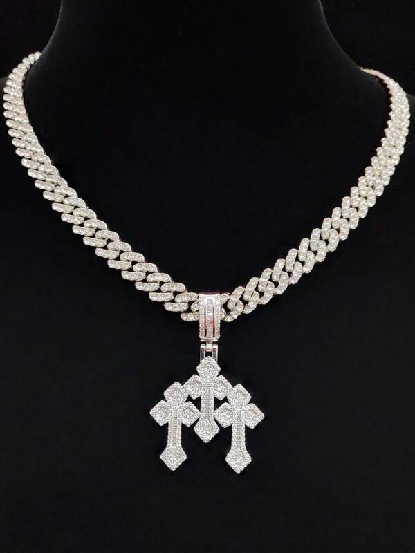 Copper Inlaid Zirconia Cross Pendant And Rhinestone Cuban Chain, Men's Women's Hip Hop Necklace, Fashionable Vintage Jewelry Gift