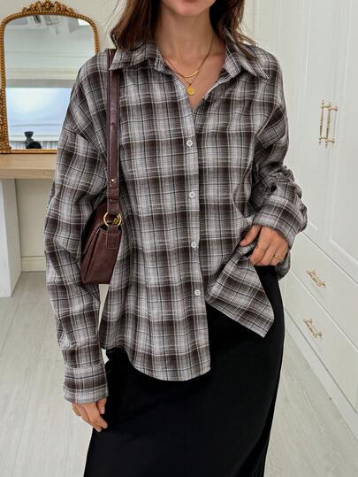 Look Polly Chemise boutonnée vintage style "Old Money" pour femmes, imprimé pied-de-poule, tenue décontractée punk streetwear, pour Noël, concerts, Thanksgiving, plage, élégante