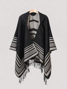 1 件条纹提花流苏连帽披肩，日常穿着 - 彩色 - 查看 2