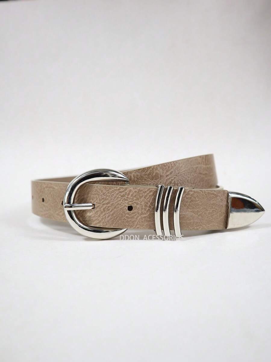 Vintage 's Belt With Silver Round Buckle In PU Leather - Mocha Brown - View 1