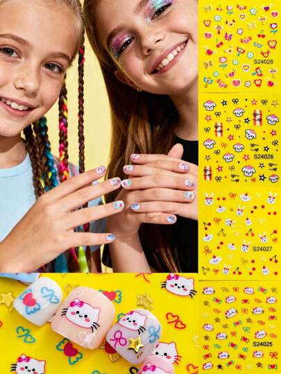 4张可爱卡通兔子猫狗花朵蝴蝶图案美甲贴纸，儿童美甲礼物，卡通美甲贴纸，适合儿童女孩DIY美甲用品