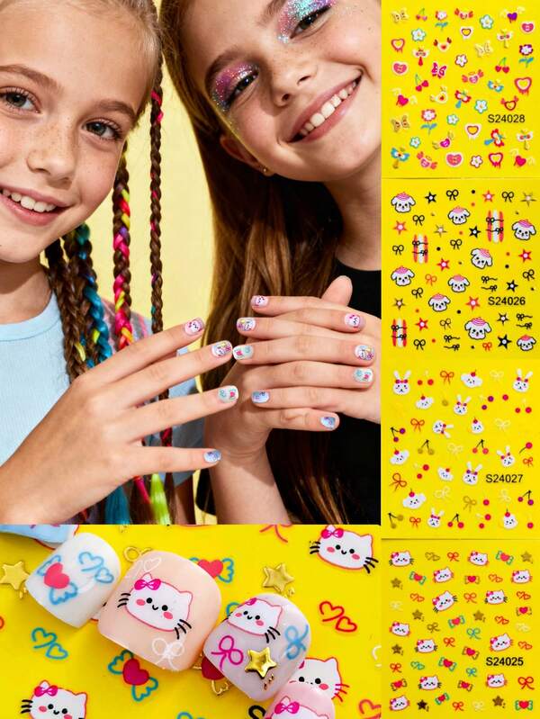 4张可爱卡通兔子猫狗花朵蝴蝶图案美甲贴纸，儿童美甲礼物，卡通美甲贴纸，适合儿童女孩DIY美甲用品