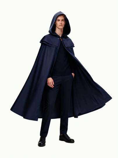 1 件男士中世纪斗篷长袍，纯色编织面料，海军蓝角色扮演魔法斗篷