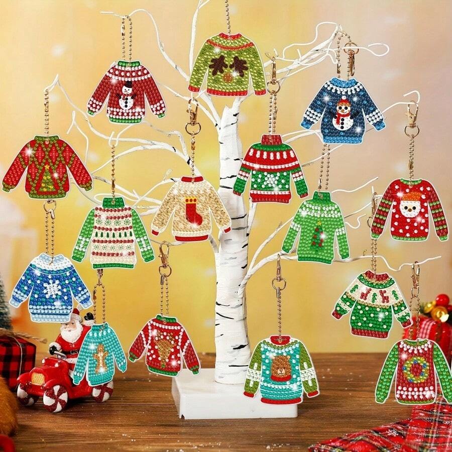15 piezas Juego de llavero de pintura de diamantes de suéter feo de Navidad, Arte de diamante 5D DIY, Adorno de mochila, Decoración navideña, Regalos hechos a mano