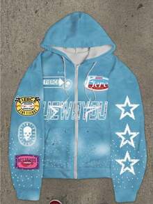 Men's Y2K Zip Hoodie, Digital Letter & Star Print Pullover With Fleece Lining & Oversized Fit - DGDJEF01 - Xem 1