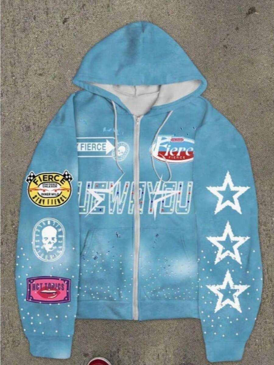 Men's Y2K Zip Hoodie, Digital Letter & Star Print Pullover With Fleece Lining & Oversized Fit - DGDJEF01 - Xem 1