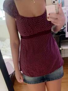 Women Fairy Grunge Y2k Babydoll Shirt Cap Sleeve Micro Polka Dot Tie Back Flowy Babydoll Top Preppy Clothes - 酒紅色 - 查看 2