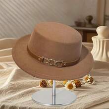 Womens Winter Fedora Hats Solid Color Retro Buckle Belted Wool Hat Felt Jazz Hat For Daily - Khaki - View 1