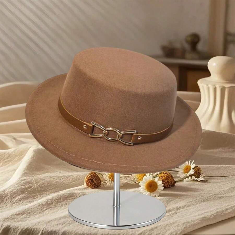 Womens Winter Fedora Hats Solid Color Retro Buckle Belted Wool Hat Felt Jazz Hat For Daily - Khaki - View 1
